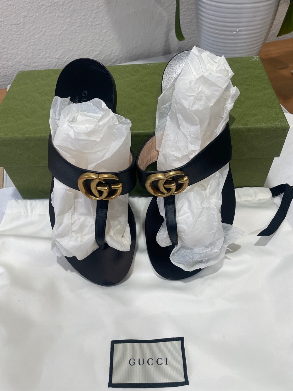 Gucci Black Sandals with Gold Logo